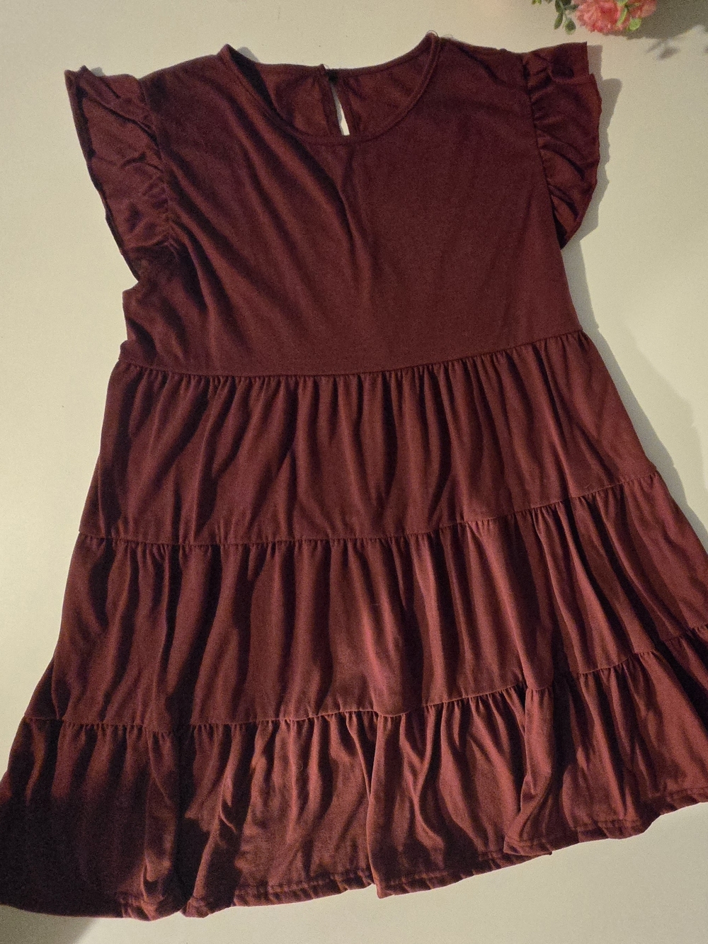 Women's Burgundy Tiered Ruffle Sleeve Dress